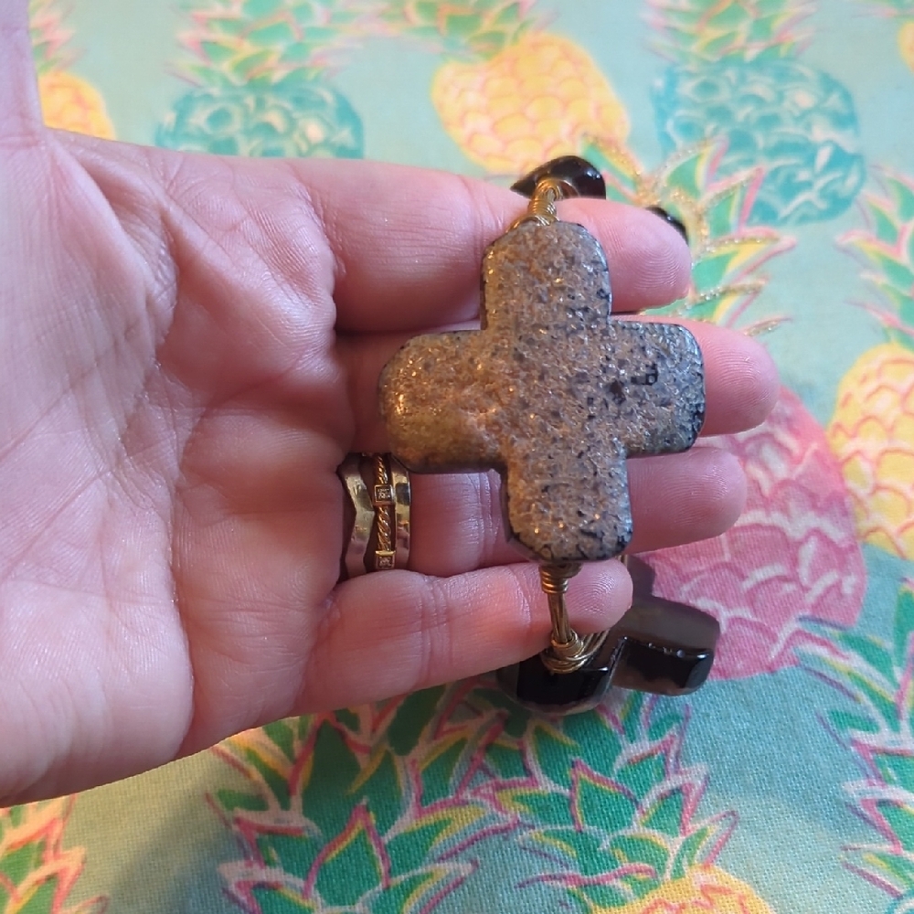 Gold and Brown 🤎 Chunky Cross Pendant Bourbon And Bowties Bracelet.